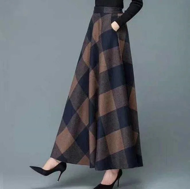 Autumn  Winter  Print  Women's 2021 New High Waist Medium Length A-line Large Swing  Shows Thin Long Skirt Claret Gray