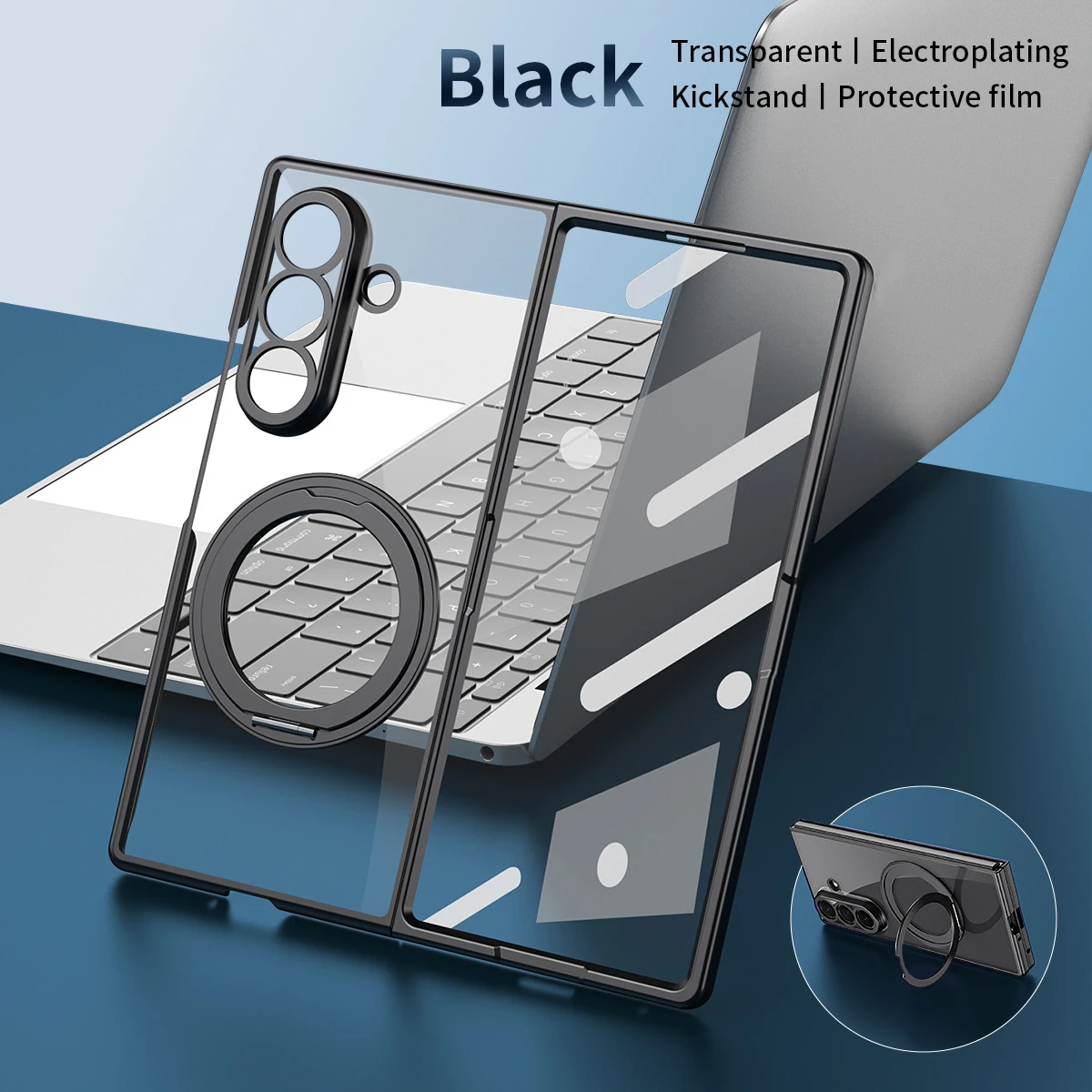 For Samsung Galaxy Z Fold 7 Clear Case Metal Ring Stand Transparent Hard PC Protective Cover Stylish Phone Shell