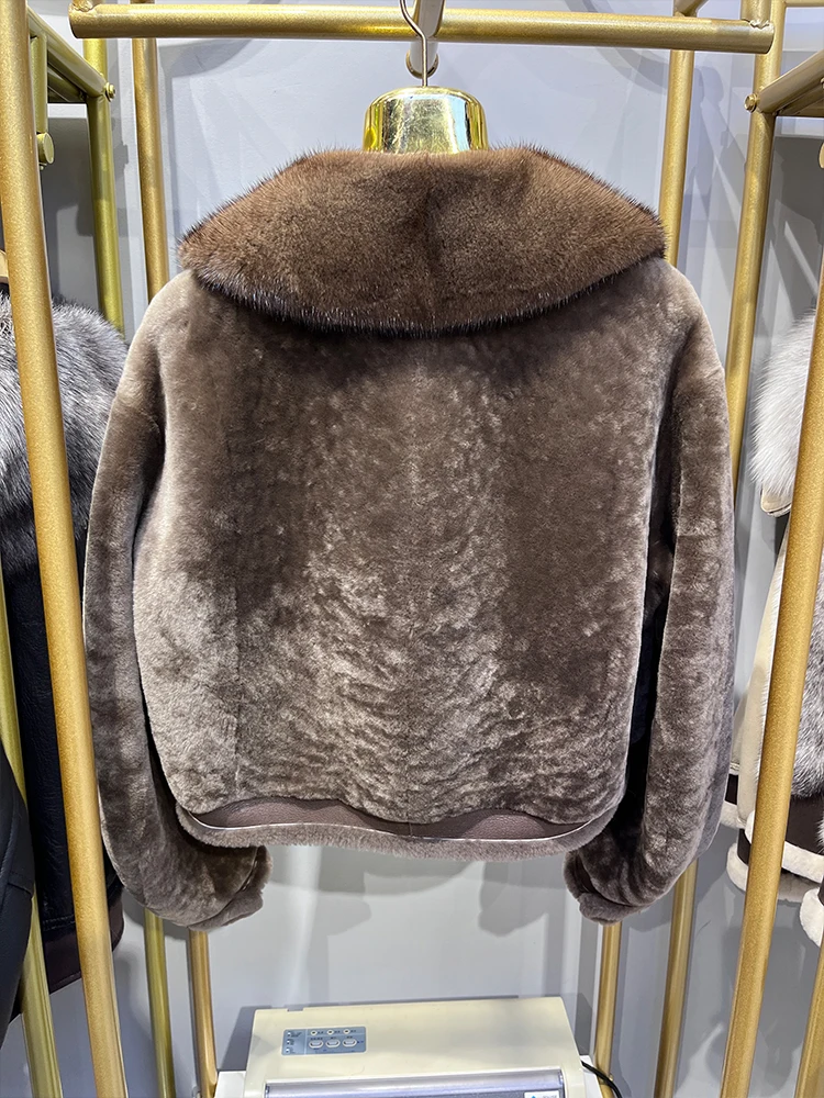 Abrigo de piel de oveja Merino con cuello de piel de visón Natural auténtica para mujer, chaqueta de piel de doble cara de cuero genuino, gran