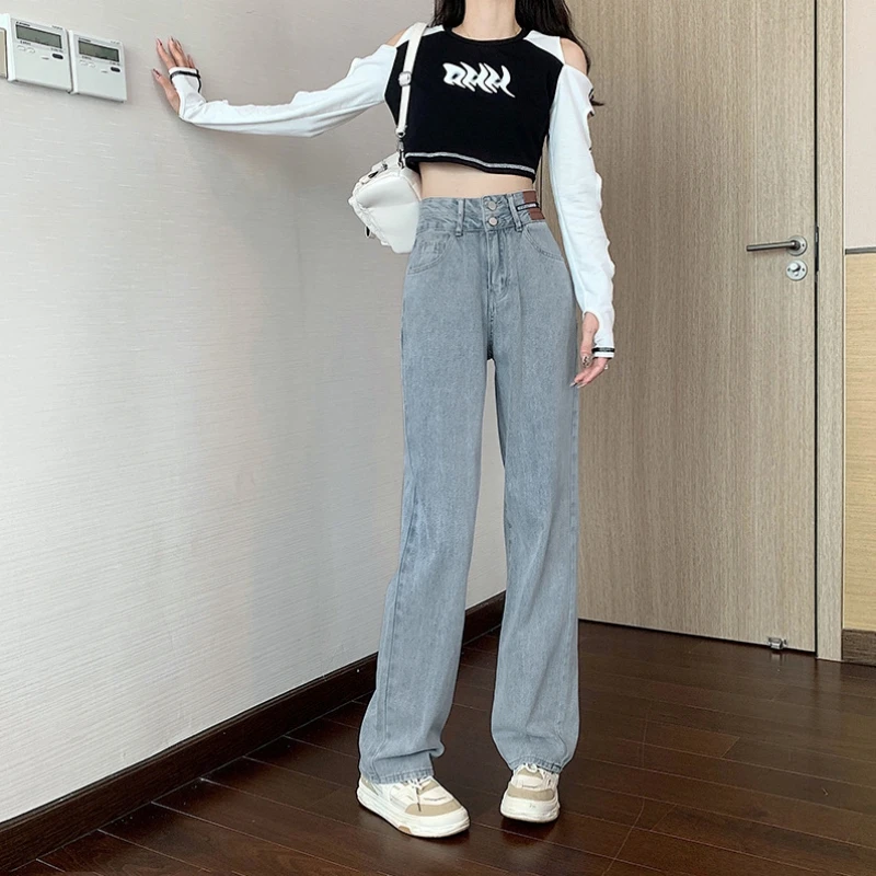 Jeans mit weitem Bein für Frauen hoch taillierte Doppelknopf-Jeans hose lose gerade Hose in voller Länge Herbst neue Streetwear