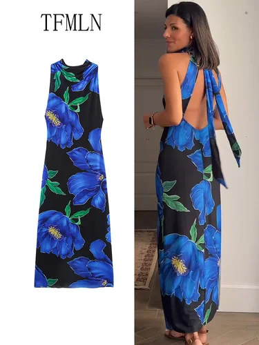 Imagen 1 del producto TFMLN elegante mujer estampado Halter vestido largo 2025 verano sin mangas ajustado espalda descubierta tul vestido de fiesta fino vestido casual de moda