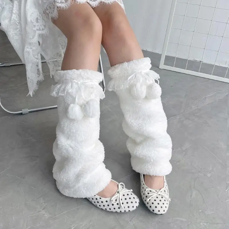 

Y3NE Lace Trimmed Faux Lamb Fleece Leg Covers with Sweet Bowtie Fuzzy Footless Socks for Women Teens Furry Boot Covers