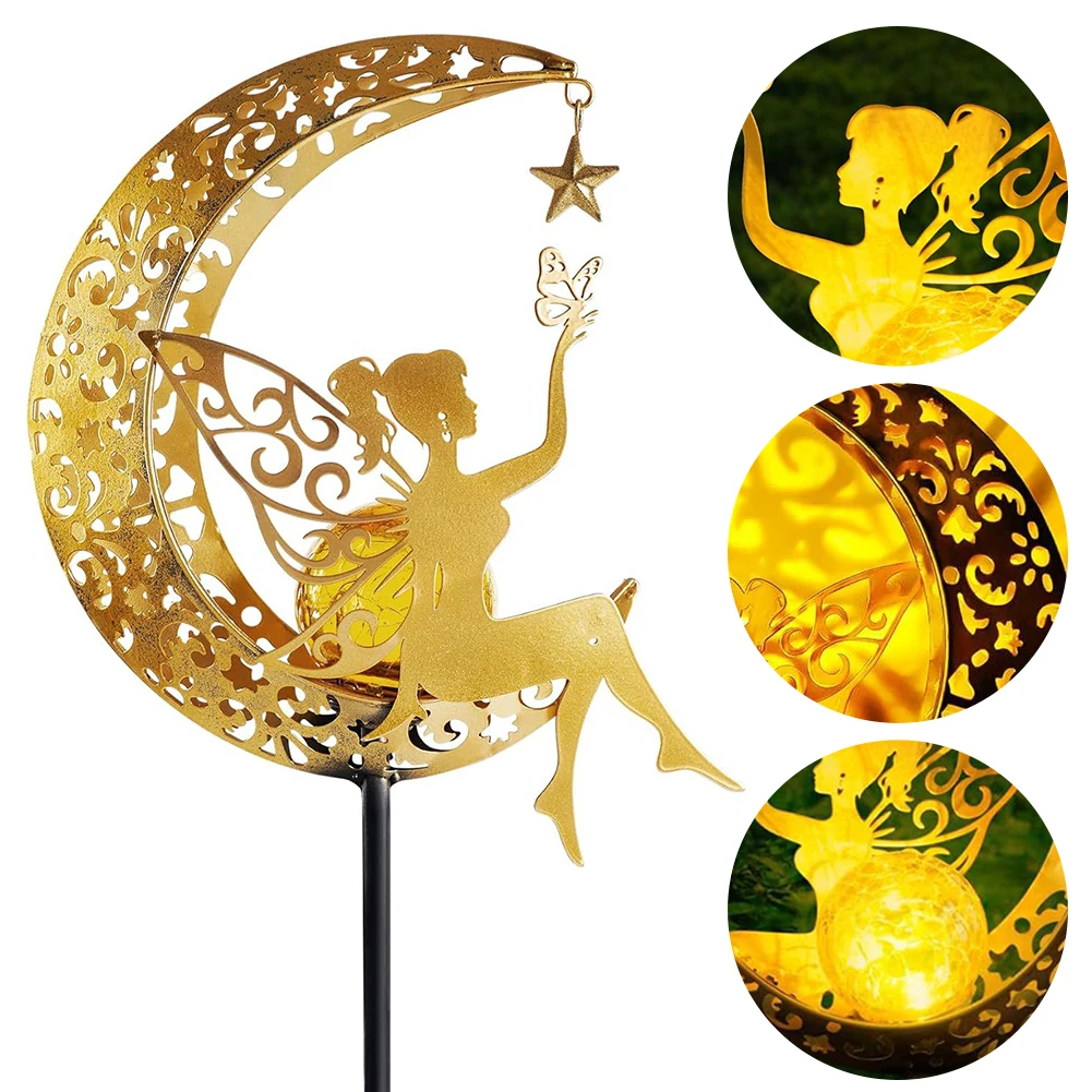 

Fairy Moon Figurine Stake Light Iron Art Pathway Stake Light IP65 Waterproof Metal Yard Art Lawn Ornament Unique Gift for Garden