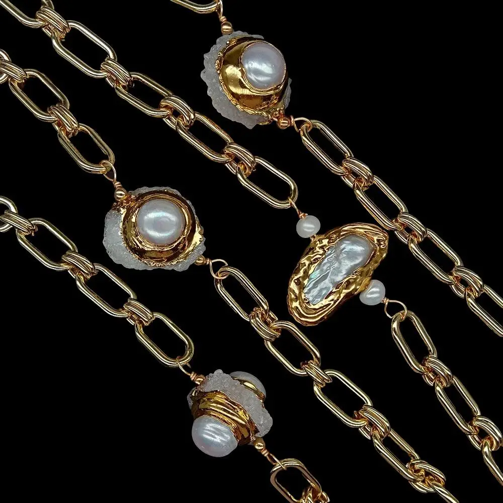 

KKGEM натуральный CZ Pave белый кварц культивированный белый жемчуг Бива позолоченный звенья цепи длинная цепочка для свитера ожерелье 47 дюймов