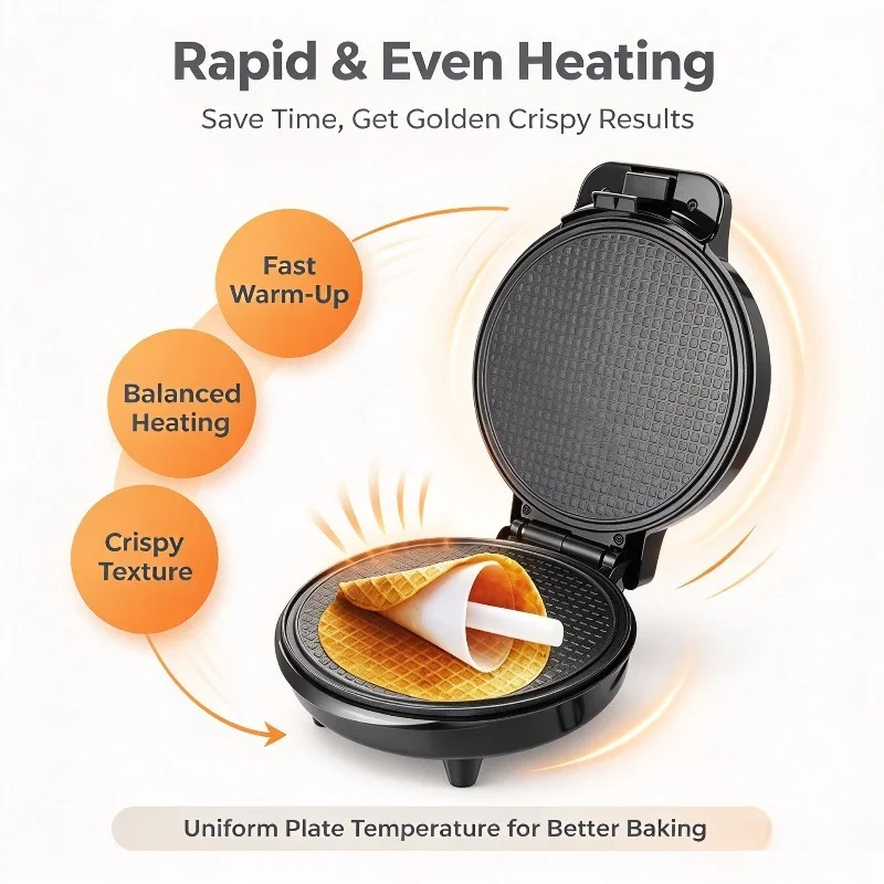 1000W Electric Waffle Cone Maker, Non-stick Baking Plate, Household Ice Cream Cone & Crispy Pancake Making Machine