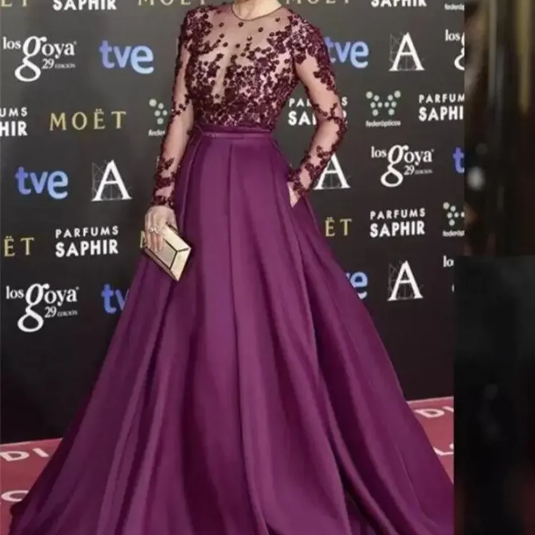 

Long Sleeve Appliqué Beaded Pocket Purple Mother of the Bride Evening Gown Elegant Formal Occasion Floor Length Gown Customized