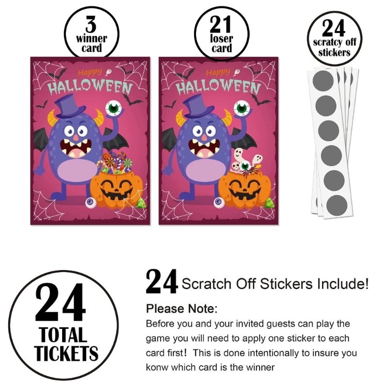 24pcs/set Festive Party Game Scratch Cards Surprise Reveal for Halloween Celebrations 3 Winners 21 Losers Cards