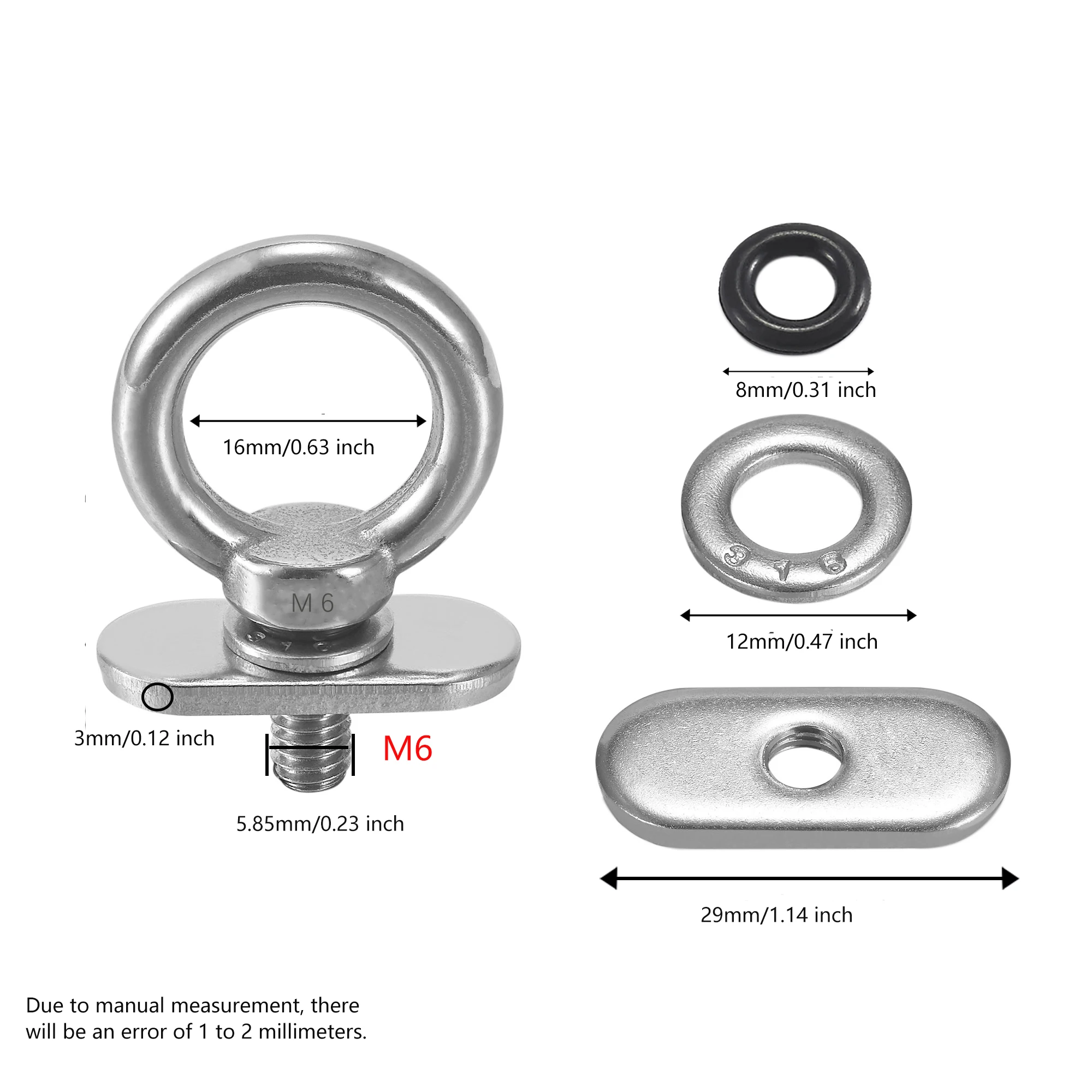 Track Mount Tie Down Eyelets, M6 Bolt, 316 Stainless Steel, Kayak Track Accessories (2 Packs)