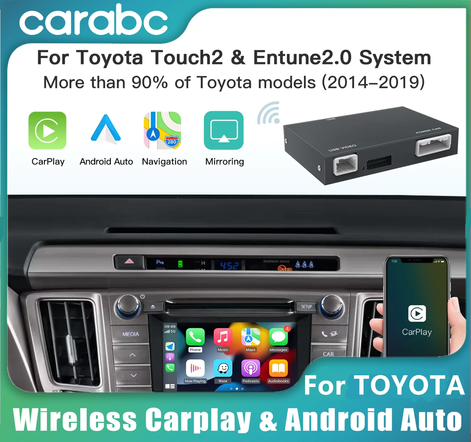 CARABC Wireless Carplay Android Auto For TOYOTA Entune 2.0 Touch 2  Highlander Tundra Sienna Prius Yaris Camry CHR Module