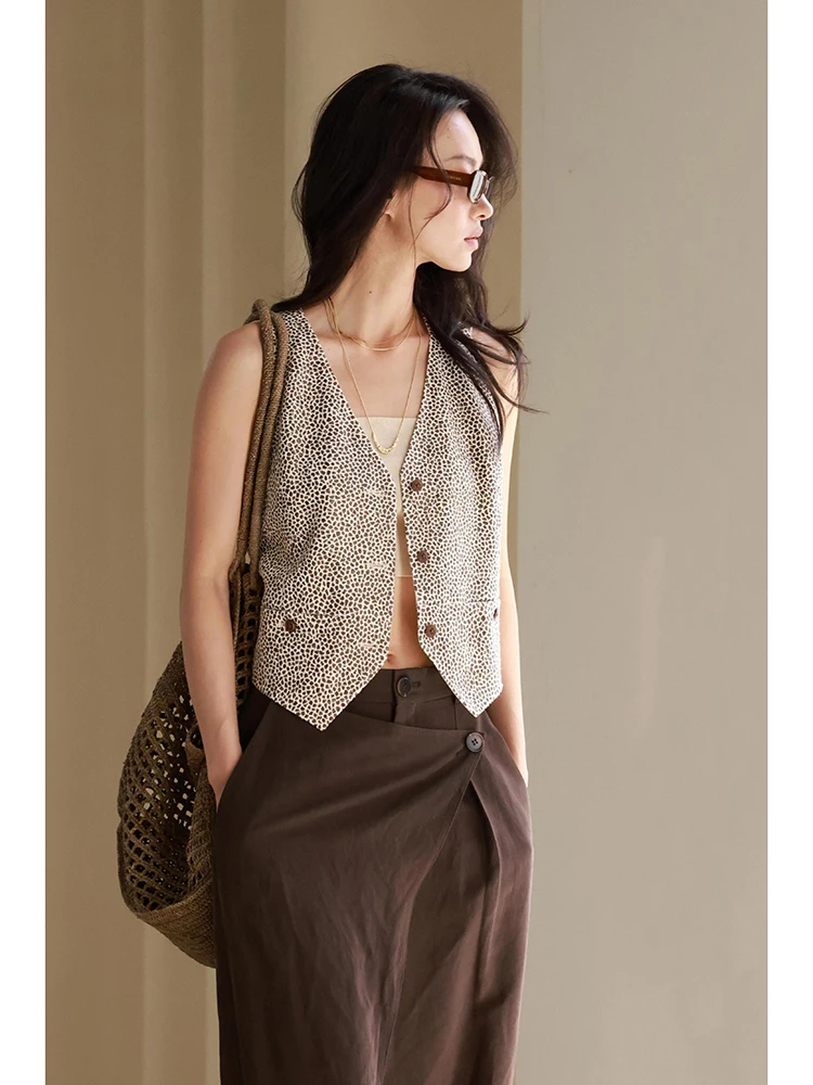 

Faionable Wild Leopard Print V-Ne Tank Top Women's Cotton Blend ort Svel Summer Outerwear Single Button Closure