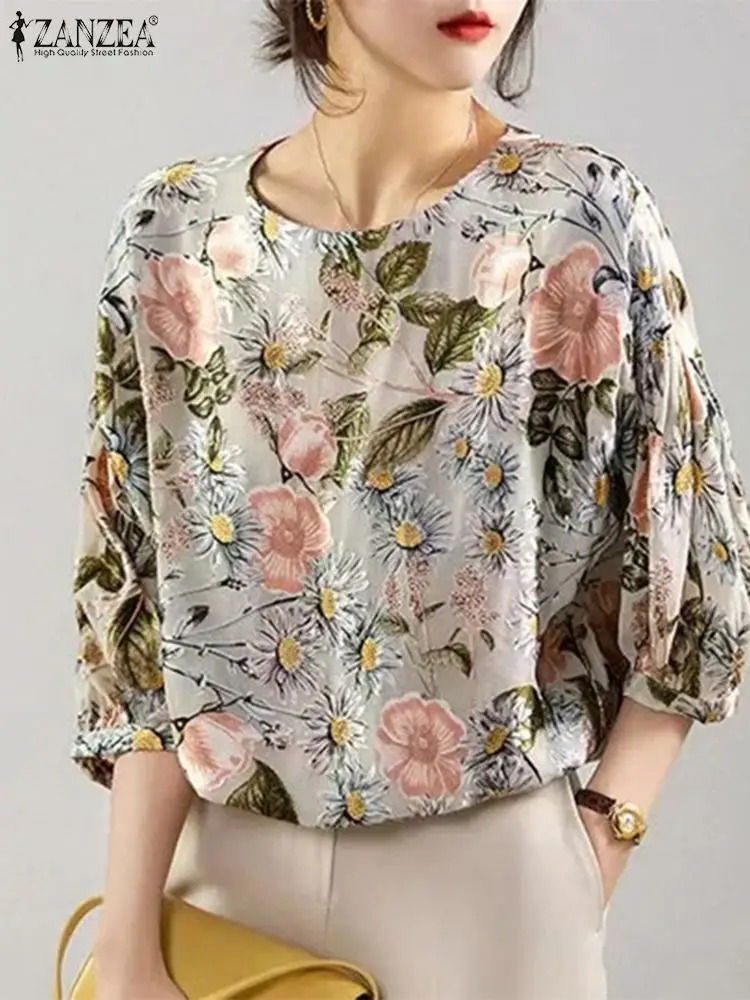 Bohemian Flroal Printed Blouse ZANZEA Women Summer Shirt Elegant Office Work Tops Retro Blusas Casual Holiday Chemise Oversize