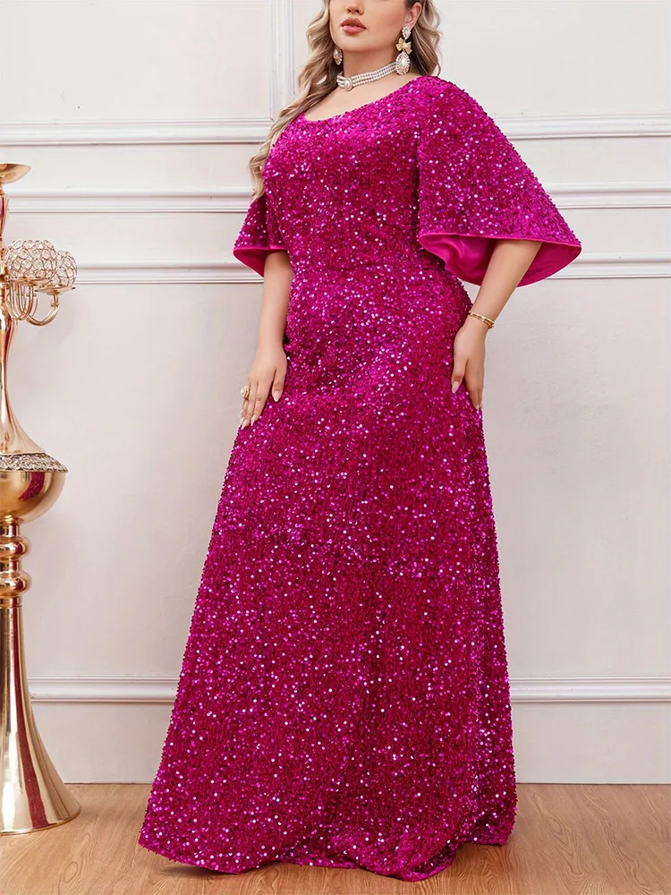 Plus Size Rundhals ausschnitt Kurzarm Rose Rot Pailletten lose elastische boden lange Abendkleid 4xl 5xl große Größe Luxus kleid