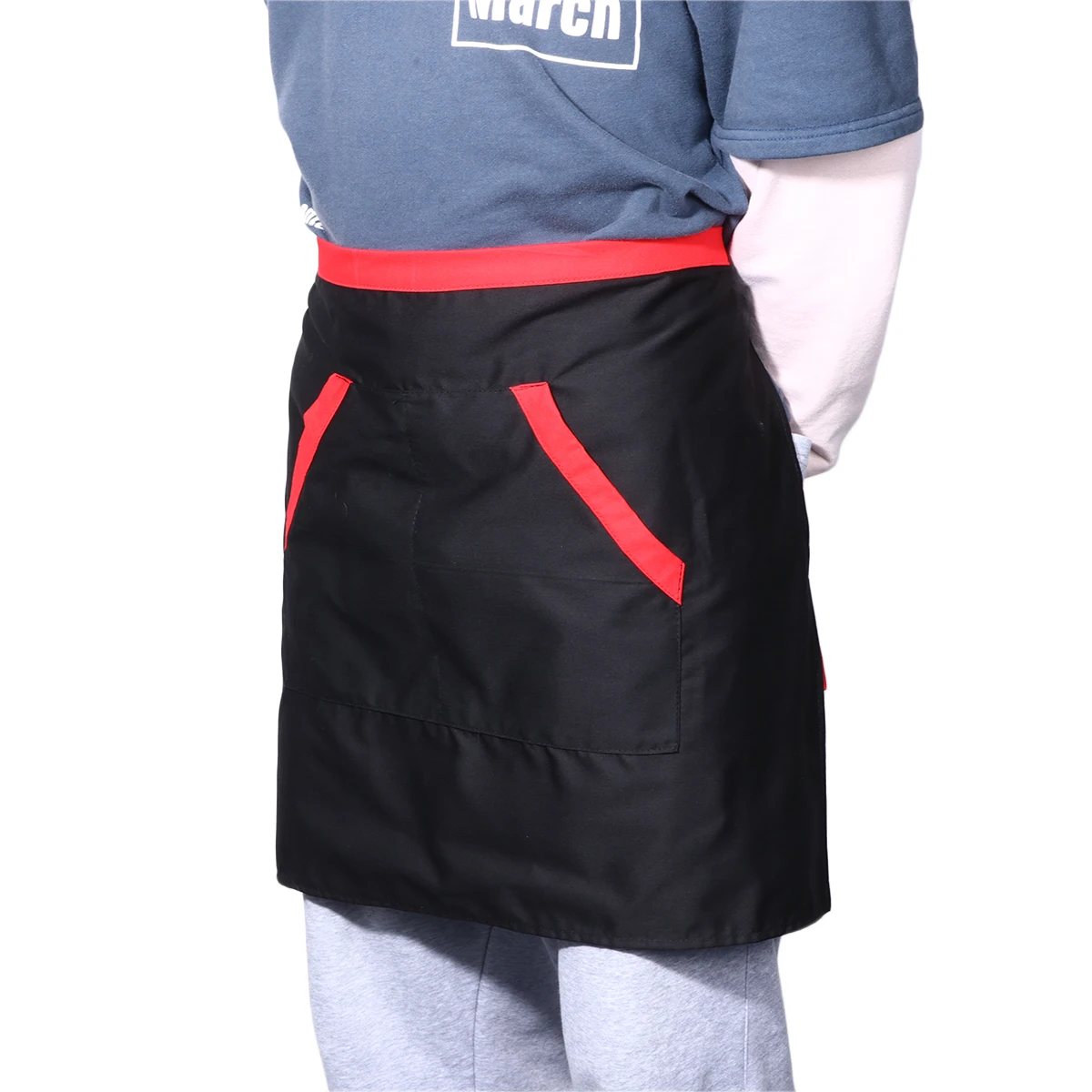 

Unisex Half Length Cooking Apron Waist Workwear Pockets Cafe Hotel Kitchen Service Red Black Rim Pattern 2 Free Size Short