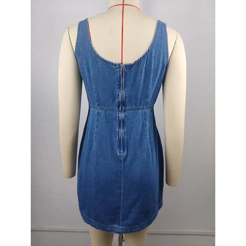 Benuynffy Casual Zipper Back Denim Mini Dress Women Summer 2026 New Scoop Neck Sleeveless Slim Fit Slit Female Jean Tank Dress view 6
