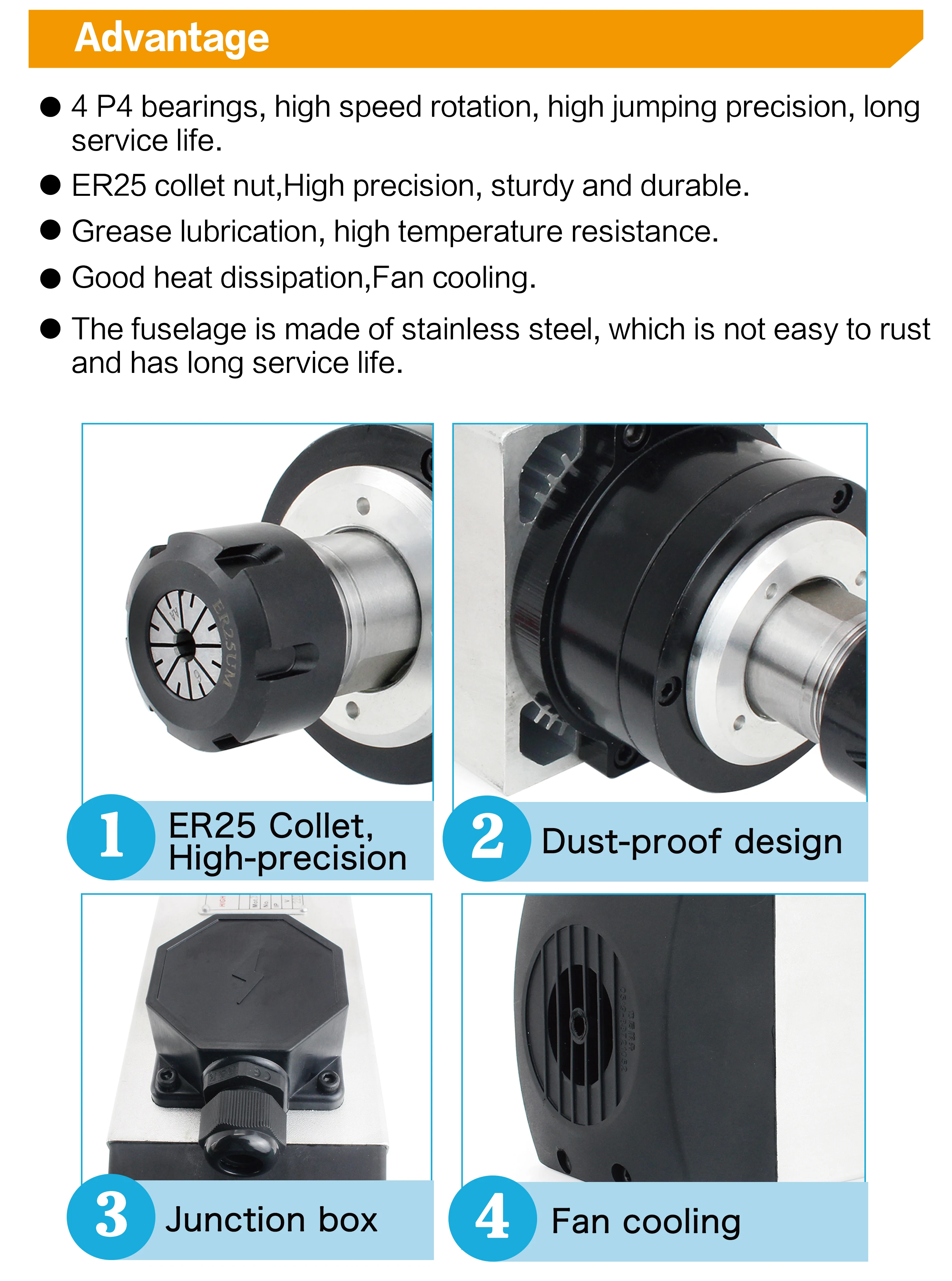 『EU Stock』CNC 220V 4KW Square Air Cooling Spindle 4KW Air-cooled Milling Spindle+Huanyang VFD Inverter 4KW+16pcs/set ER25 Collet