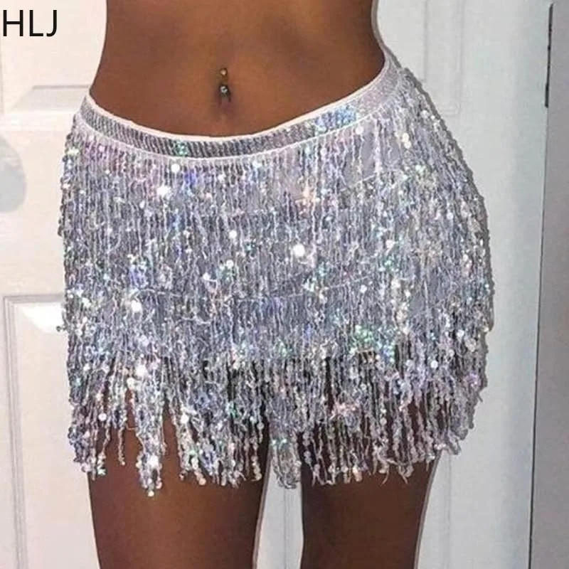 HLJ Sexy Sequin Fringe Skirt Women High Waist Lace Up Tassel Belly Dance Skirts Fashion Sparkling Party Club Rave Bottoms 2024