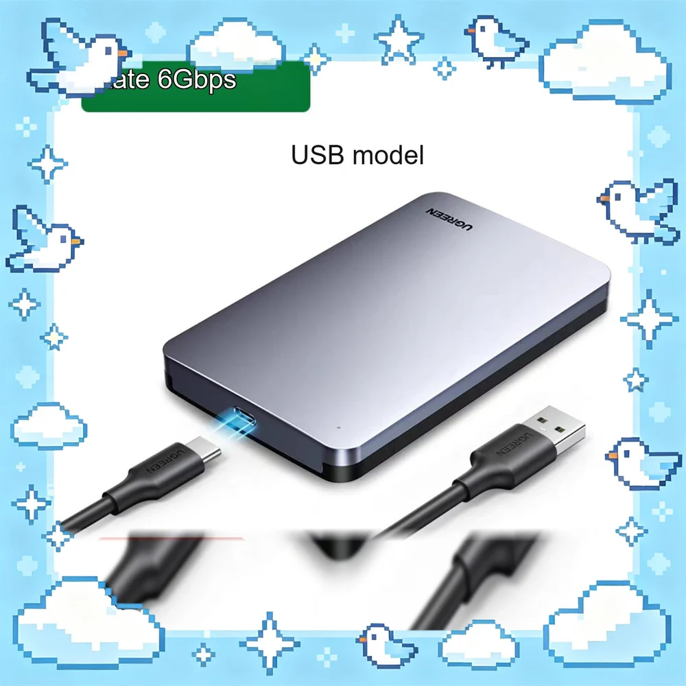 UGREEN 70498 CM300 2.5 Inch SATA HDD Enclosure USB 3.0 External Hard Drive Case with USB-A and USB-C Cables