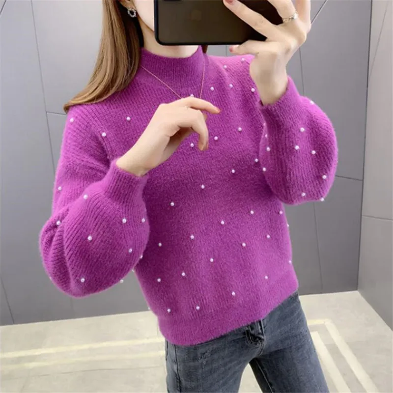 

Autumn Winter Beading Half High Collar Sweater Women Pullover 4 Color Mink Cashmere High Waist Lantern Sleeve Knit Tops Female