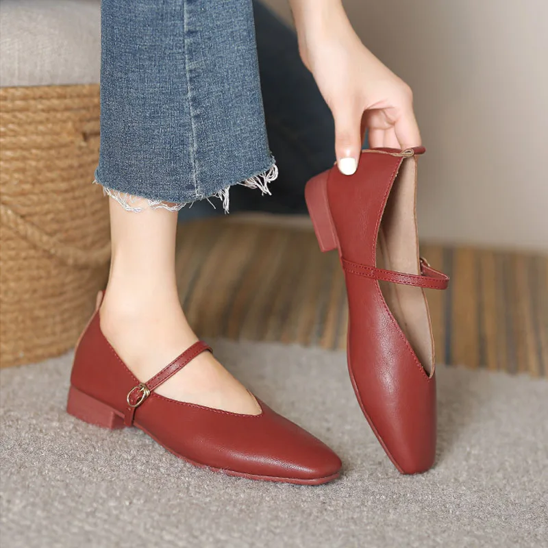 2023 Retro Women\'s Pumps Soft Microfiber Leather Single Shoes Fashion Shallow Buckle Mary Jane Heels Low Square Heel Daily Pumps
