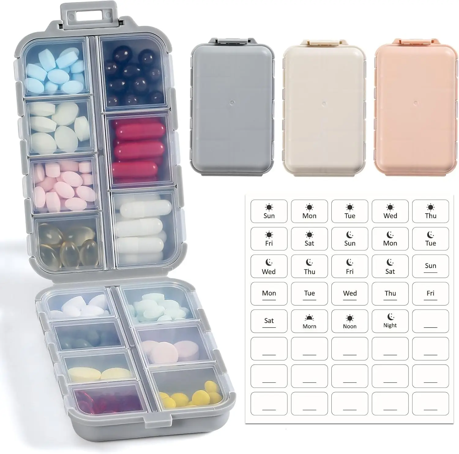 

14 Grids Pill Organizer Box with Labels, Travel Medication Holder, Pocket Pharmacy for Fish Oil Vitamin Supplement Storage, Khaki Pink Grey, 3 Pack