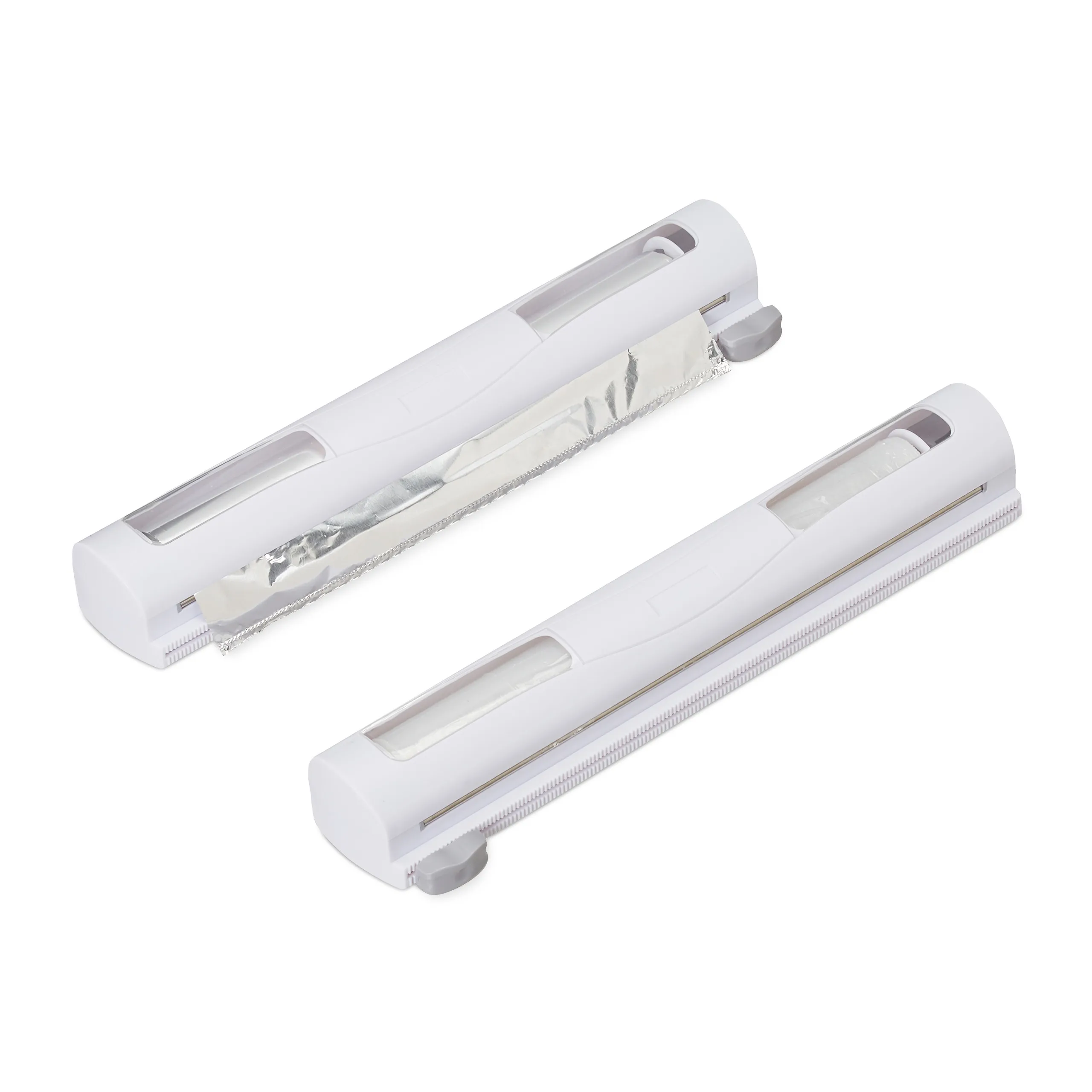 Taglierina per fogli di alluminio, set da 2, con finestrella di visualizzazione, per conservare gli alimenti e tagliare la carta stagnola, taglio preciso, coperchio a ribalta, colore bianco, dispenser