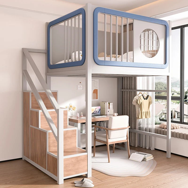 

On the bed and off the table combination bed Wrought iron elevated Small apartment duplex second floor loft bed Space saving
