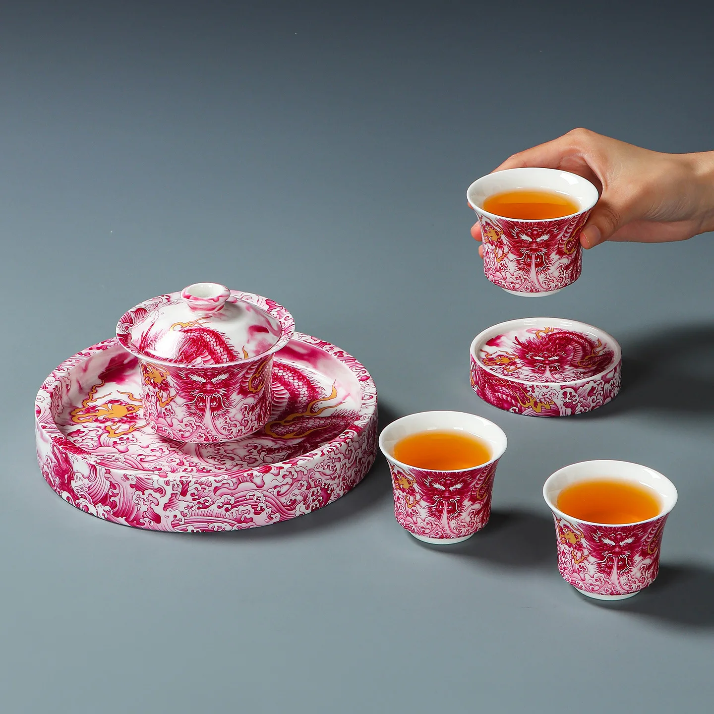 

Hxl red dragon hovering lid gaiwan set - premium kung fu tea set gift set
