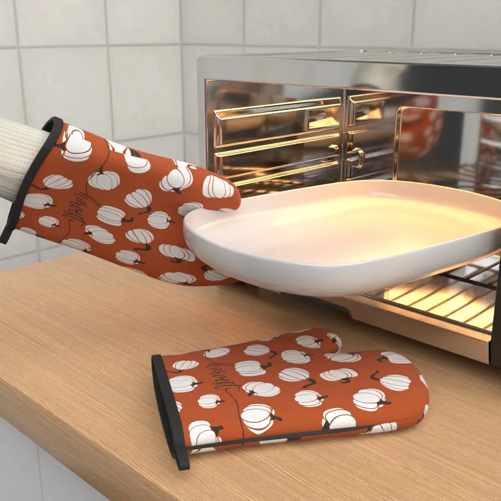 2pcs 10.6 X 6.7In Autumn Pumpkin Design Oven Mitts Heat Resistant And Non-Slip Suitable for Kitchen Decoration Barbecue