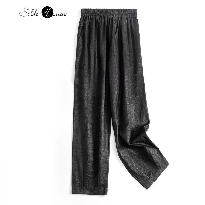 

100% Natural Mulberry Silk Gambiered Guangdong Gauze Turtle Crack Elastic Waist Versatile Women's Casual Commuting Pencil Pants