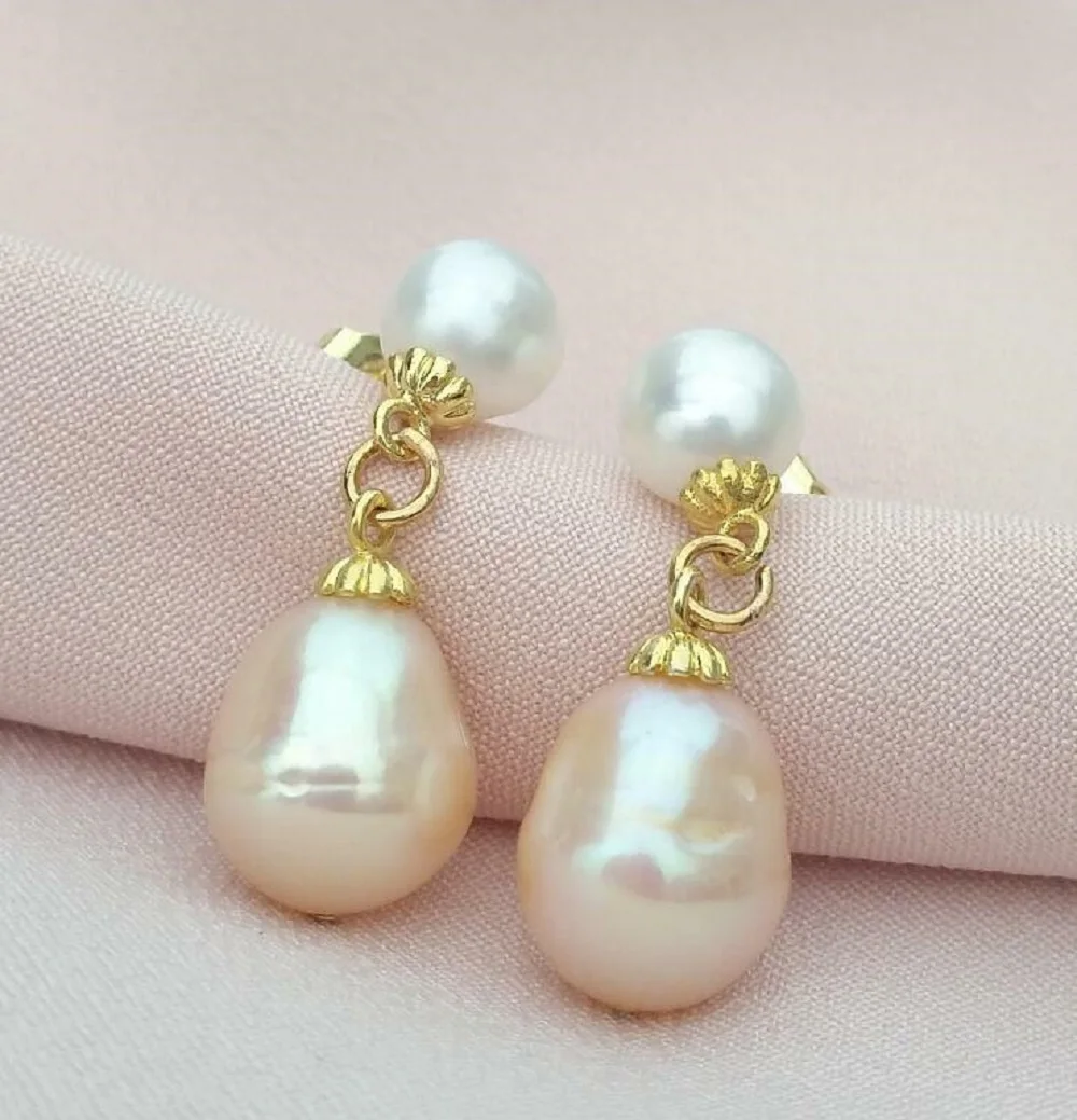 Interesting Natural AAA South Sea White Pink Pearl Earrings 14k Gold P