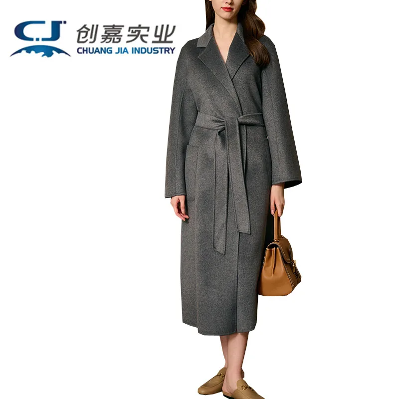 High-quality Double-sided Water Ripple Wool Women's Autumn Winter Coat Cashmere Grey Lace-up Long Coat Youth Trend Women's Wear