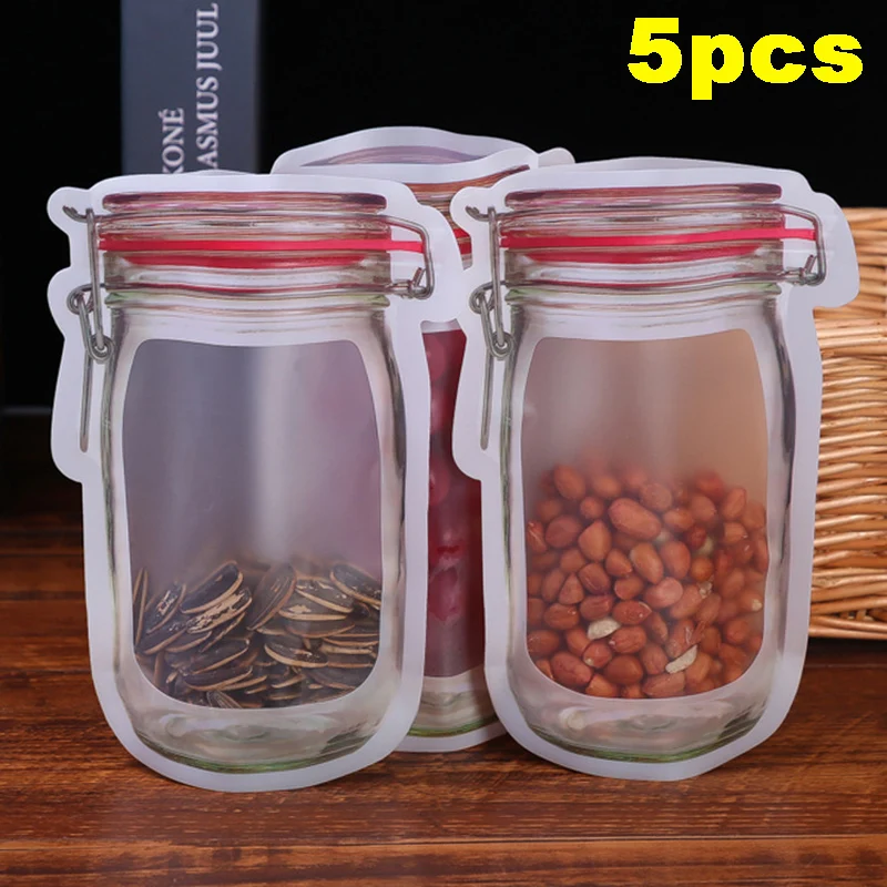 5 unids/set Mason Jar botellas bolsas nueces dulces galletas bolsa impermeable sello bolsa de almacenamiento de alimentos frescos bolsas con cerradura para aperitivos organizador de cocina