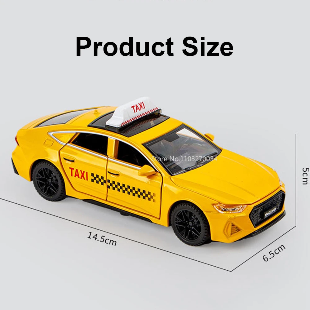 RS7 Taxi Car Model Toy para Crianças, Liga de Simulação, Corpo de Metal Diecast, Som e Luz, Função Puxar, Veículo, Ornamentos Decorativos, 1/32