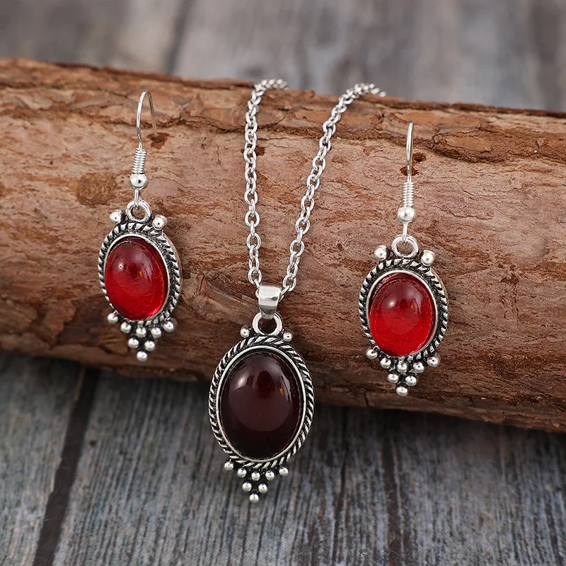 

Красные овальные серьги из сплава в стиле ретро и комплект ожерелья n Sle Faion, ювелирные изделия, трансграничное новое поступление