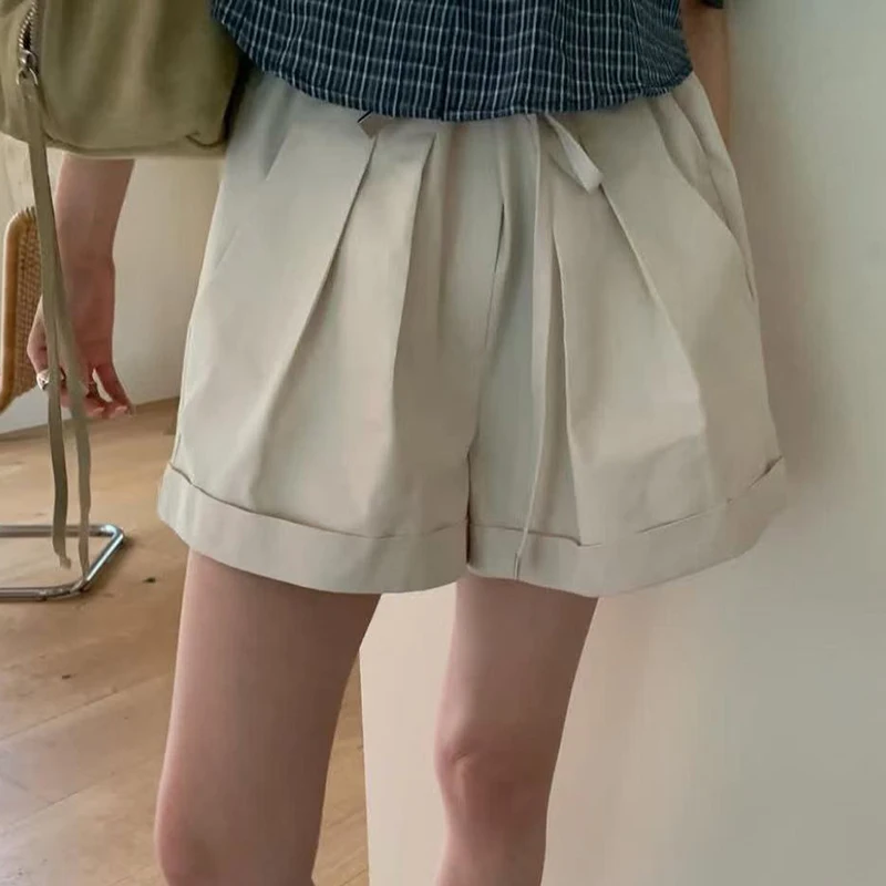 Retro High Waist A-line Shorts Summer Women Drawstring Loose Casual Lace-up Pocket Apricot Shorts Girls Y2K Harajuku Short Pants