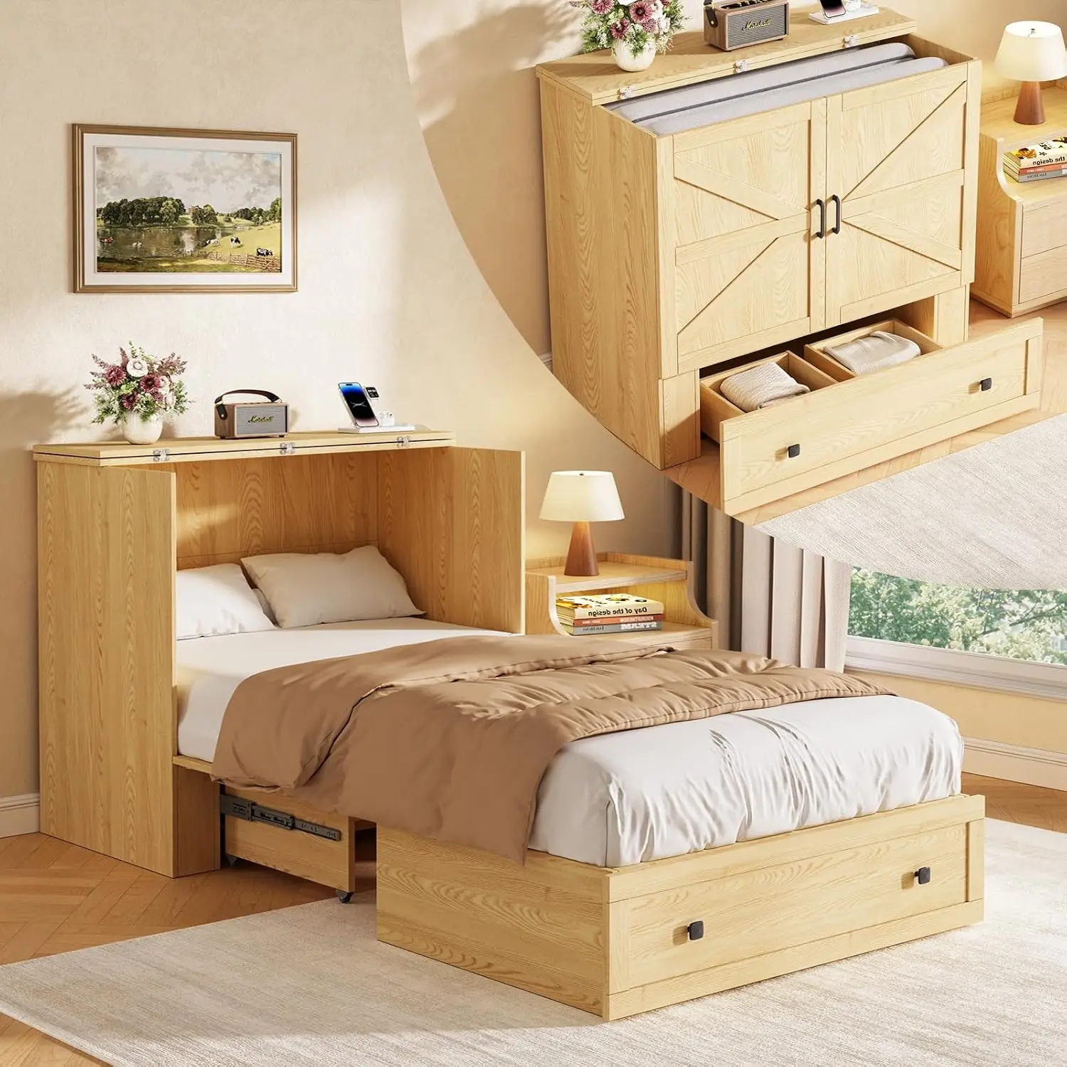 Space Saving Murphy Bed Chest Twin Size With Drawer And Charging Station Foldable Cabinet Bed For Guest Room Bedroom Home Office Natural Wood Style