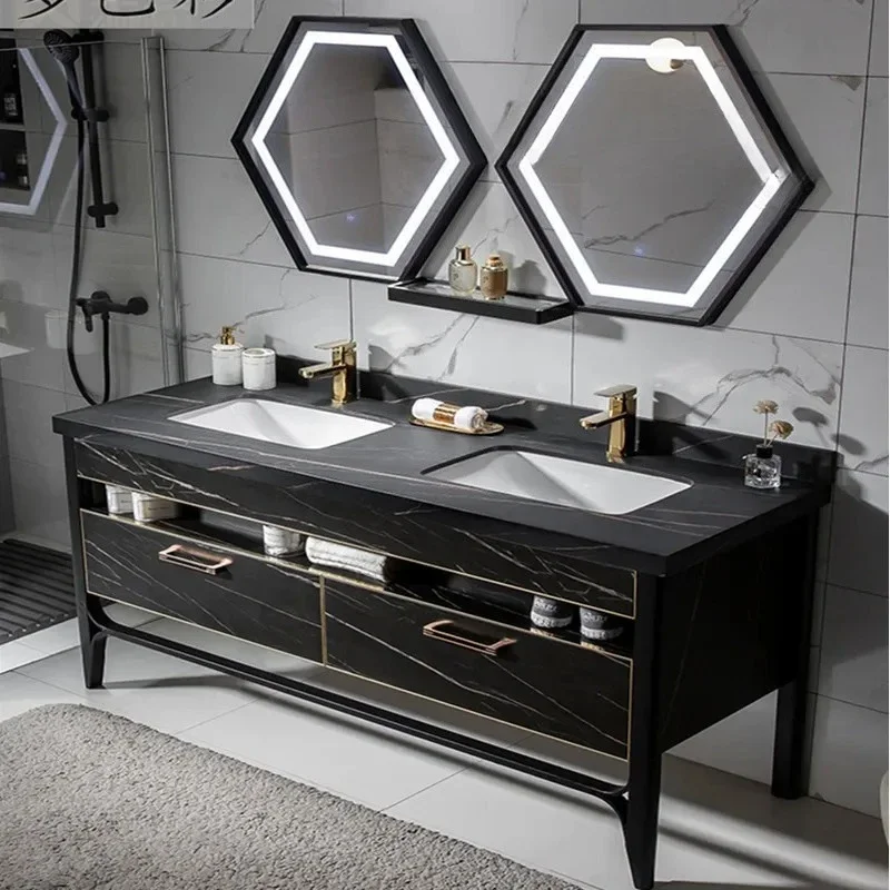 Rock slab bathroom cabinet light luxury stainless steel washbasin toilet washbasin cabinet intelligent double basin floor