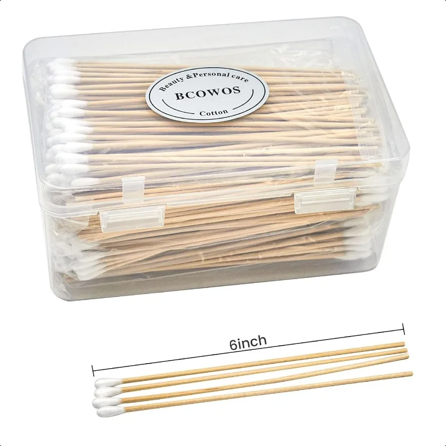 6インチ長綿棒500本入り、木製スティック付き綿棒、メイクアップ、ペットケア、銃の清掃、電子機器、アート用クリーニングスワブ