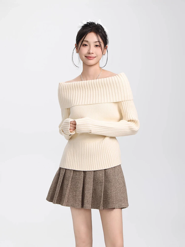 One Shoulder Sweater Women's Autumn Winter New Gentle Style Long Sleeve Knitted Sweater Spicy Girl Off Shoulder Knitted Tops