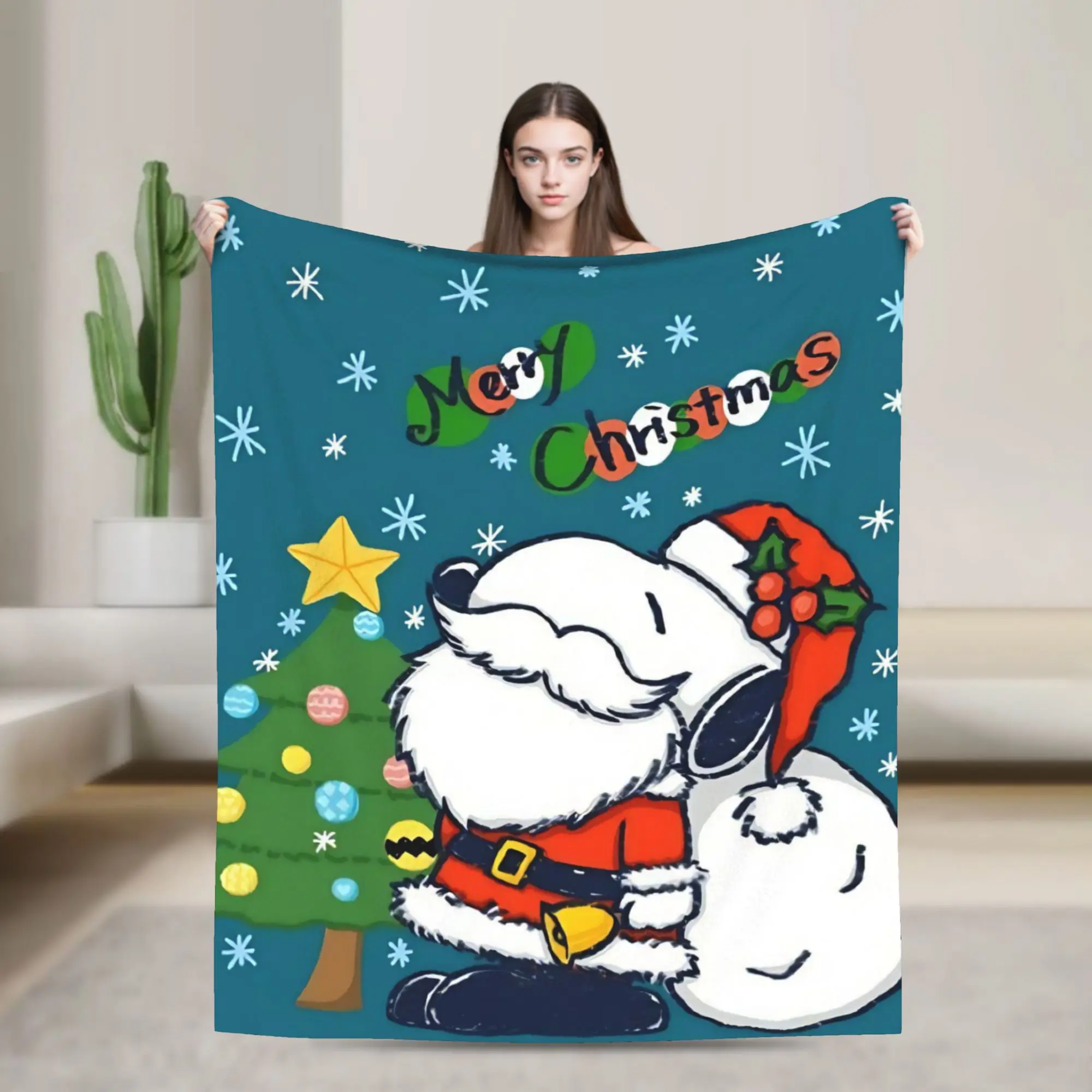 S-Snoopys Xmas Snowman Santa Wool Blankets  Funny Throw Blankets for Bed Sofa Couch 150*125cm Rug Piece