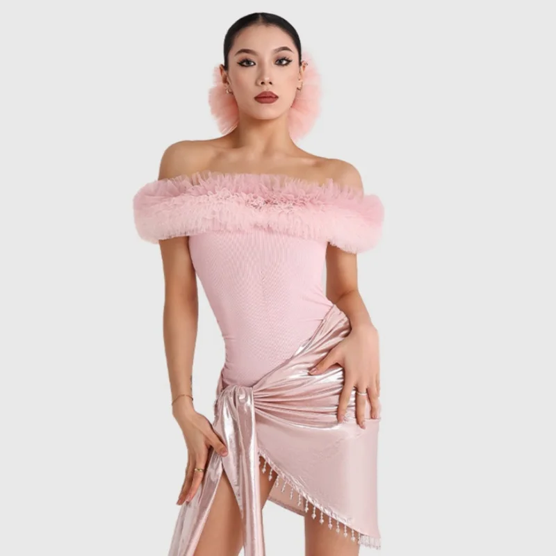 

Latin dance costume women's sexy off shoulder top+tassel hip scarf 2pcs adult tango samba rumba professional practice outfit