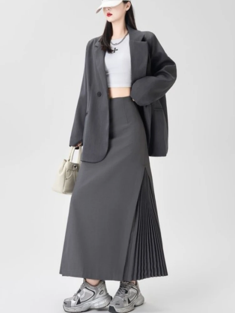 

Grey Black Midi Long Skirts Womens Side Pleated Skirt 2025 Autumn Winter Suit Skirt Office Lady Vintage High Waist Pencil Skirts