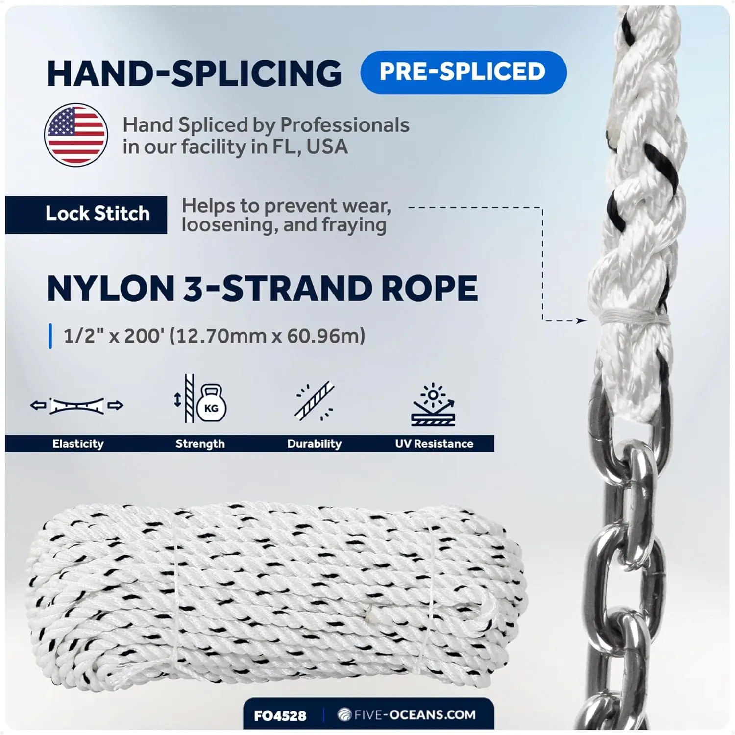 Five Oceans Windlass Anchor Rode, Hand-Spliced Anchor Rope and Chain Combination Kit, Nylon 3-Strand Rope
