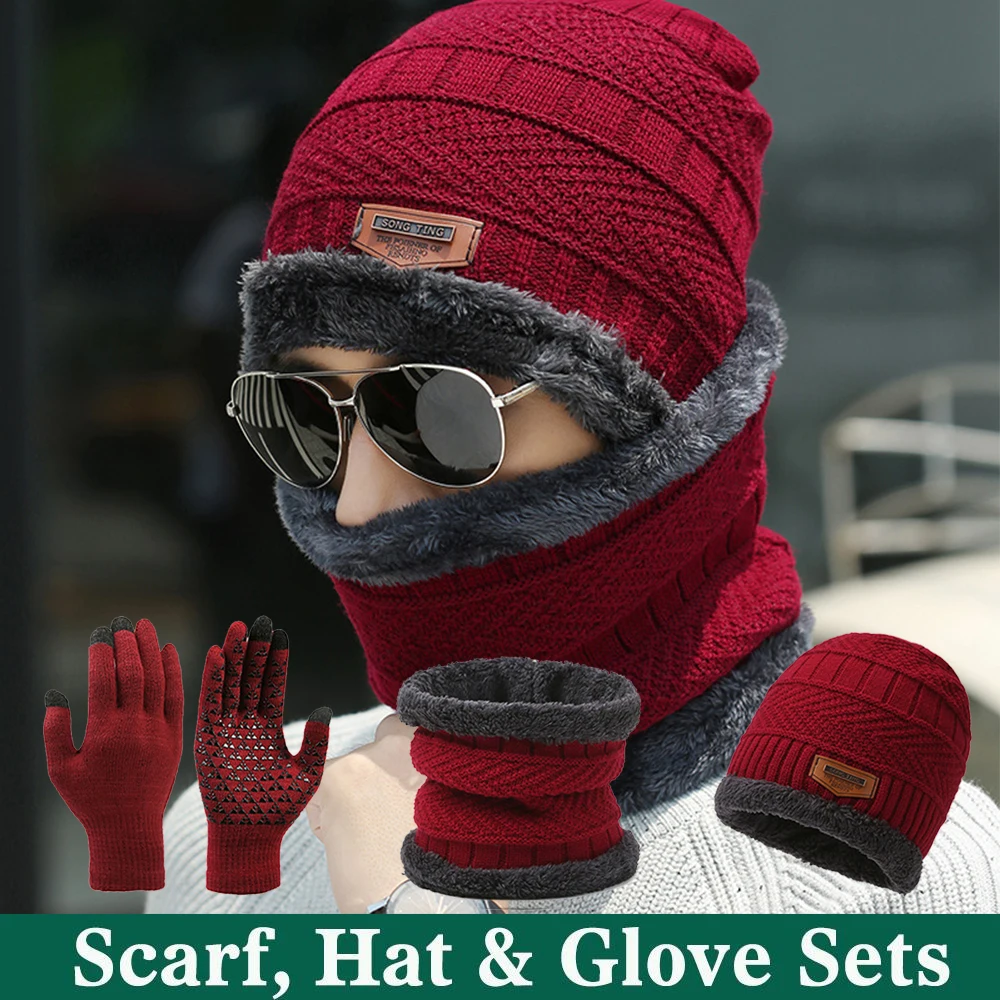 

Autumn Winter Knit Beanie Hat Neck Warmer Scarf and Touch Screen Gloves Set Fleece Lined Skull Cap for Men Women Outdoor