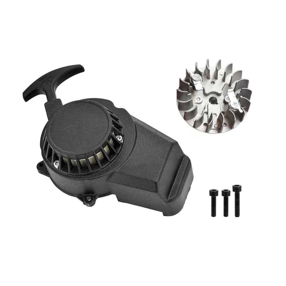 Black Pull Start+ Flywheel for 47cc 49cc 2 stroke Mini Pocket Scooter Dirt Bike ATV Recoil Starter Puller