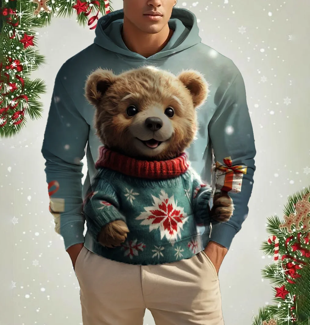 Men's Christmas bear and puppy animal pattern hoodie casual long-sleeved loose pullover hoodie men and women sports sweatshirt