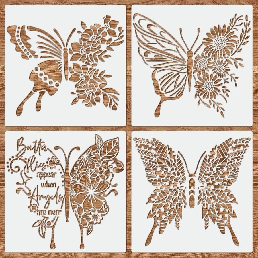 4개 나비 & 꽃무늬 스텐실 세트 - 천사 견적 DIY 페인팅 템플릿, 재사용 가능한 아트 스텐실