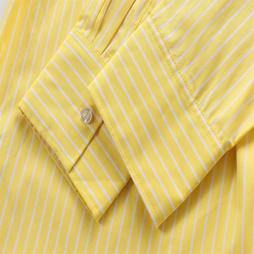 2024ZAR Summer New Product Women\'s casual loose collar long sleeved yellow striped single breasted shirt