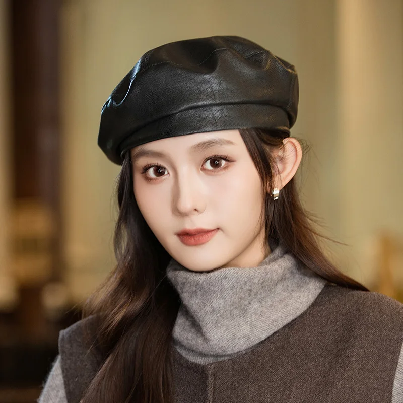 Elegante Retro-Damen-Baskenmütze aus PU-Leder, Freizeitmütze für Reisen, Strandpartys für Herbst und Winter