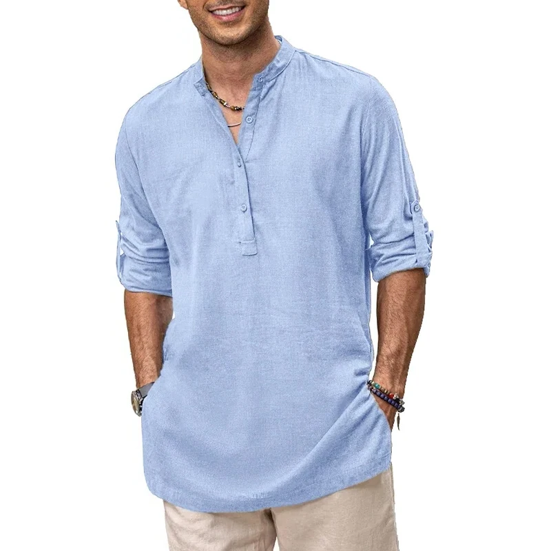 Mens New Cotton Oversized Henley Shirt Casual Lightweight Long Sleeve Tops Stylish Beach and Hawaiian Inspired Tee for Men